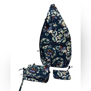 Vera Bradley Essential Sling Backpack Quilted Floral Bursts & 2 Matching Wallets